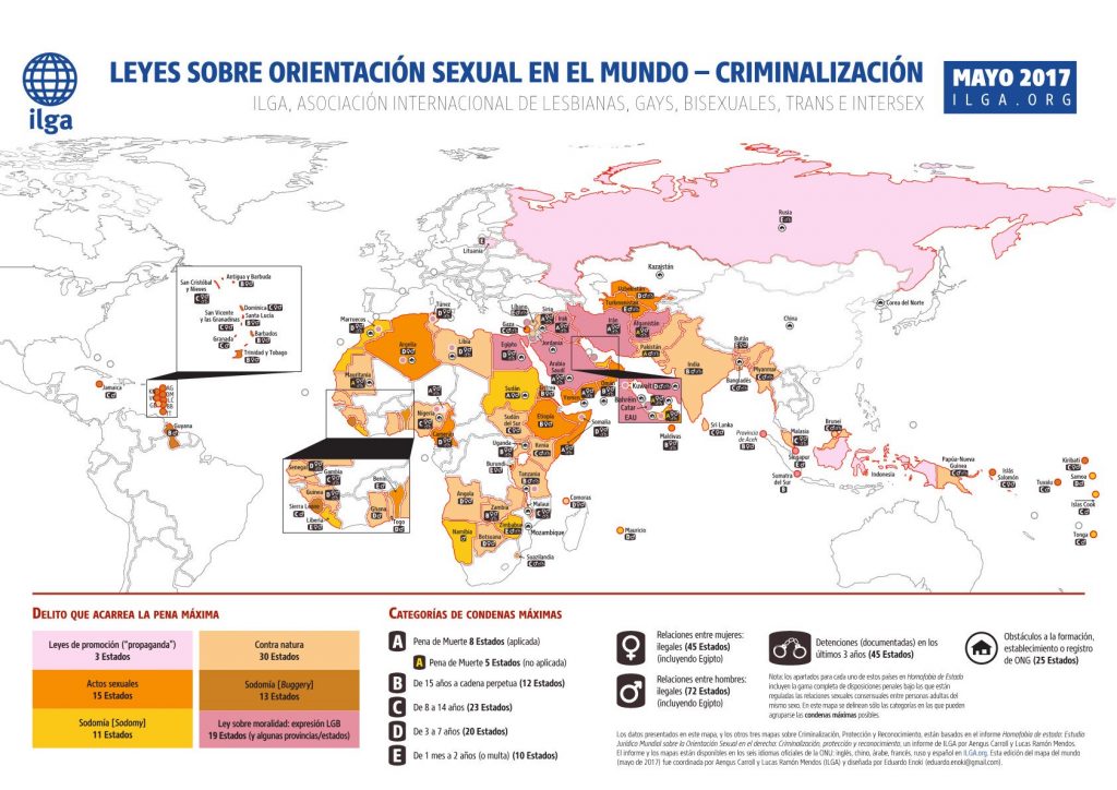 Mapa que muestra los países donde la orientación sexual puede ser considerada un delito - ILGA