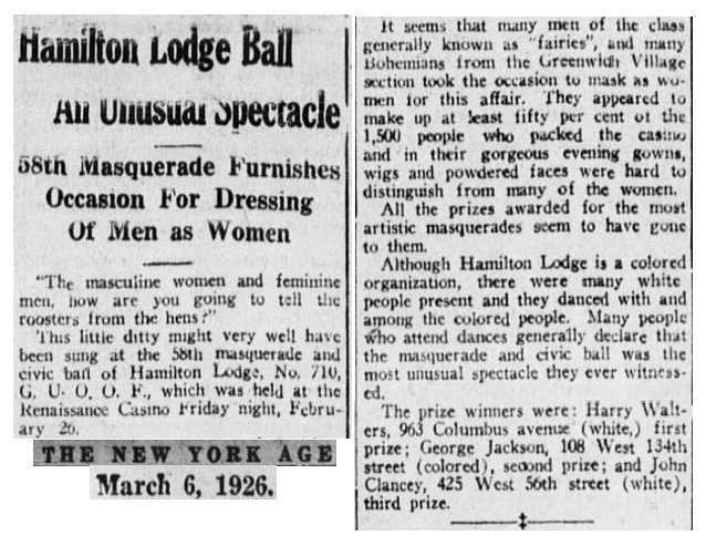 Recorte de "The New York Age" del 6 de Marzo de 1926 hablando sobre la 58º drag ball organizada en el Hamilton Lodge.